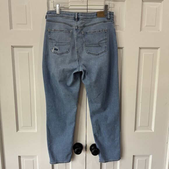 AE Stretch Mom Jeans Size 14 Long Medium Blue Wash Ripped High Waist Distressed - Picture 3 of 13
